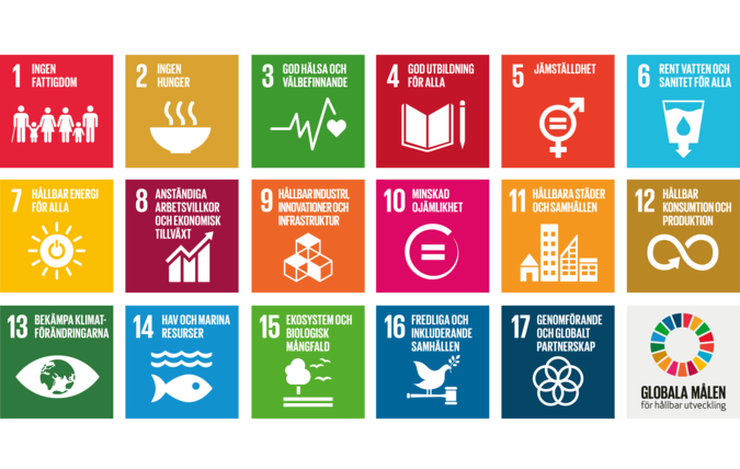 Karta med illustrationerna för alla sjutton globala mål för hållbar utveckling.