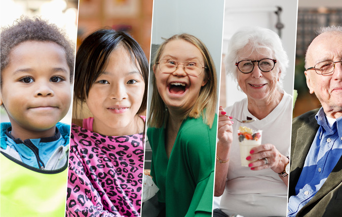 Femdelad bild med en person i varje del - ett förskolebarn, ett skolbarn, en ungdom, en sjukhuspatient och en äldre person.