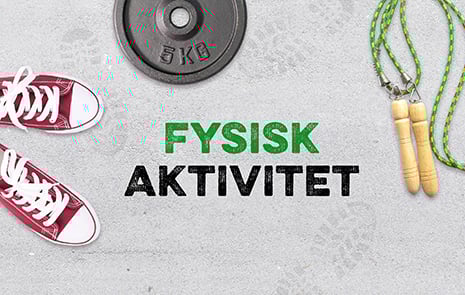 Gympaskor, tyngd och hopprep och texten fysisk aktivitet mot en grå bakgrund